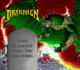 A large green dragon with prominent teeth and horns dominates the upper half of the image against a red and yellow fiery background. Below it sits a gray tombstone with white text reading "FOUR ELEMENTS RULE THE UNIVERSE." The Drakkhen logo appears in yellow text at the top left corner. The lower portion shows a small sprite character standing on gray rocky terrain with flames and explosions visible in the background, rendered in 16-bit SNES-era pixel graphics with a dark color palette.