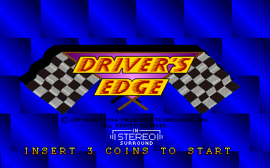 The Driver's Edge arcade title screen features the game's logo in yellow text with a red underline, positioned above two checkered flags crossing in an X formation against a blue diamond-pattern background. Below the logo, white text reads "INSERT 3 COINS TO START" on a dark blue base. The overall composition uses a bold, early-1990s arcade aesthetic with bright primary colors and geometric shapes typical of racing game presentations.