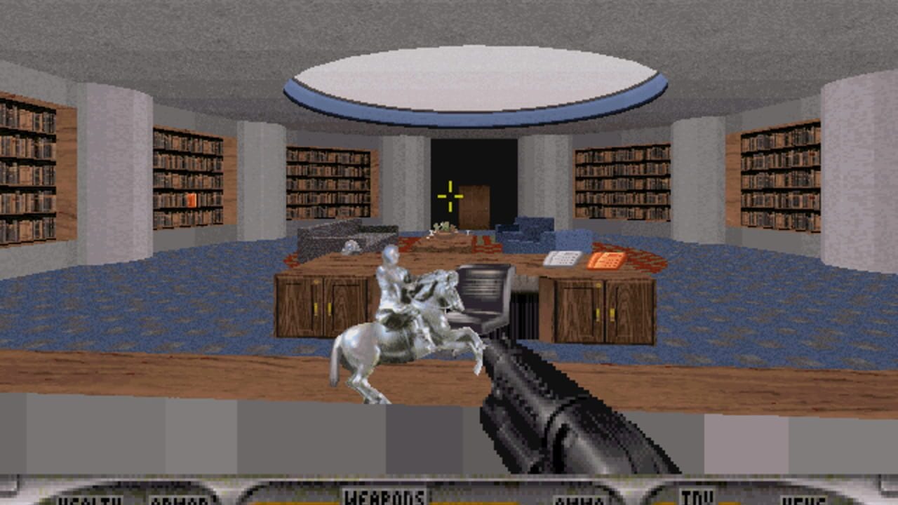 A first-person shooter view displays a rifle in the lower-right foreground aimed at a white ghostly creature in the center of a circular library chamber. Bookshelves line the curved walls, wooden desks and cabinets occupy the middle distance, and a yellow cross glows above a dark doorway. The domed ceiling features a white circular panel with blue trim. A status bar at the bottom shows health and ammo information. The graphics use low-resolution pixelated sprites and 3D-rendered walls typical of mid-1990s DOS games.
