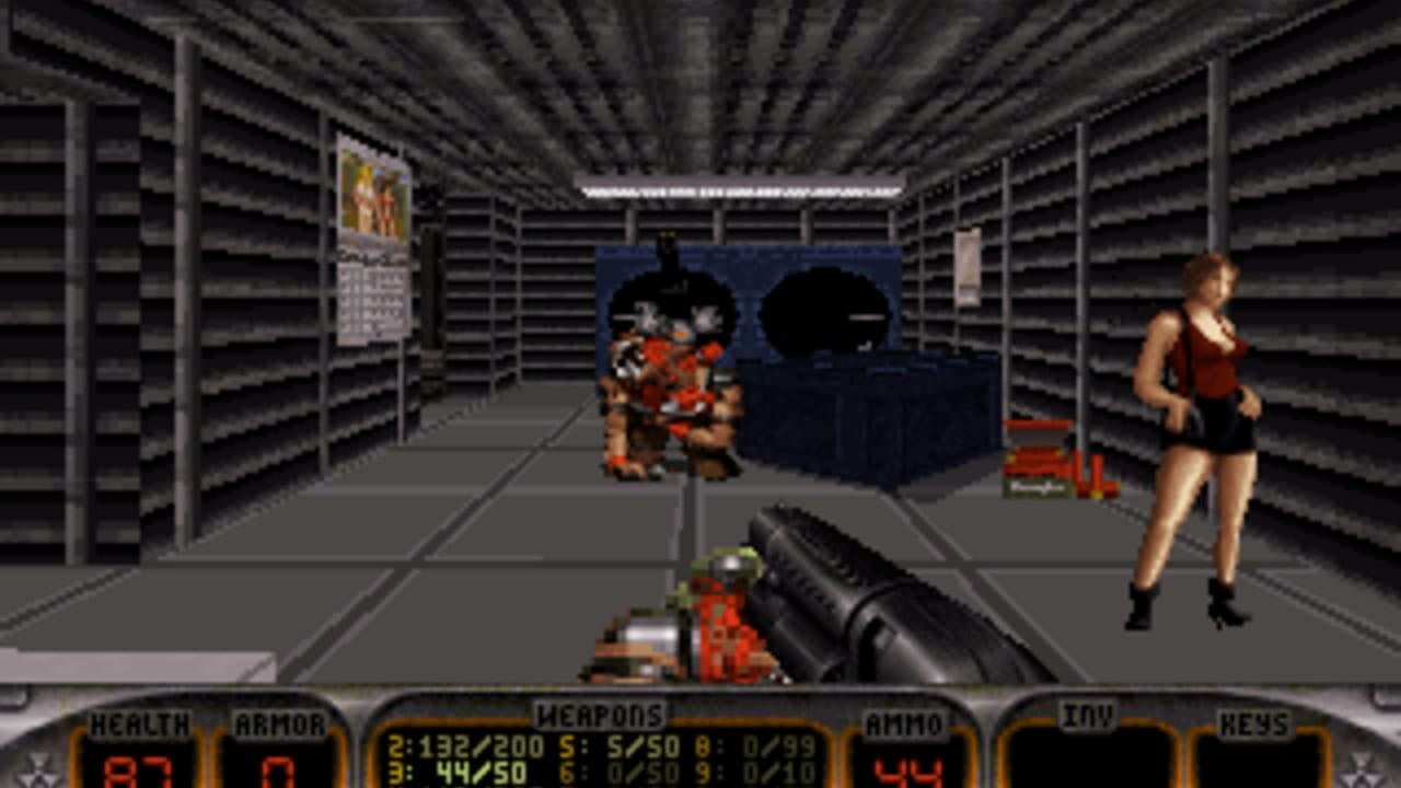 A first-person shooter view shows a warehouse interior with metal shelving lining both walls and a fluorescent ceiling light running down the center. The player's rifle with dark barrel is visible in the lower-left foreground. Multiple enemies in red and black clothing are scattered throughout the space—one prone on the ground in the immediate foreground, two standing in the middle distance, and one female figure in a red top running on the right side. A blue crate sits against the back wall. The HUD at the bottom displays health at 87, armor at 0, weapon information, ammunition counts, and inventory slots in orange and black text on a dark background.