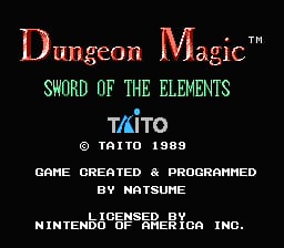 The title screen displays 'Dungeon Magic' in orange text at the top, followed by 'Sword of the Elements' in green below. The Taito logo and copyright information appear in the center, with white text stating 'Game Created & Programmed by Natsume' and 'Licensed by Nintendo of America Inc.' at the bottom. The background is solid black, and all text is rendered in a standard 8-bit pixelated font typical of NES games.