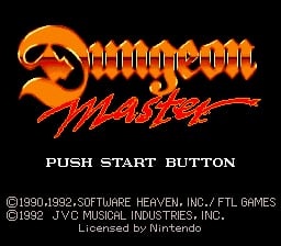 The title screen displays "Dungeon Master" in large orange capital letters with a red curved underline reading "Master" beneath it. Above the logo is an orange stylized dragon or creature head. Below the title appears white text reading "PUSH START BUTTON". At the bottom of the screen are copyright lines crediting Software Heaven Inc./FTL Games (1990, 1992) and JVC Musical Industries Inc. (1992), with "Licensed by Nintendo" noted. The background is solid black, and all text and graphics use a limited 8-bit color palette typical of early 1990s console releases.