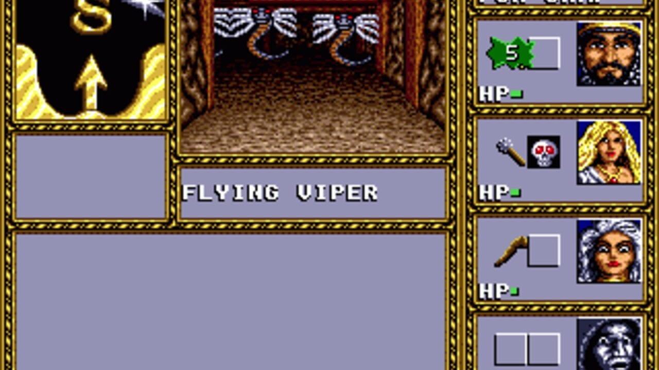 A dungeon interior with stone walls and decorative archway frames the central play area. Text reads 'FLYING VIPER' at bottom center. The right side displays a vertical party roster with four character portraits and HP bars: a bearded man at top, a blonde woman second, a dark-haired woman third, and a pale creature at bottom. Item icons appear next to some characters. A golden directional arrow points upward in the upper left corner. The interface uses a gold-trimmed border typical of 16-bit fantasy RPGs with blue-gray background panels.