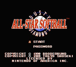 The title screen displays "Dusty Diamond's All-Star Softball" in large orange pixelated text centered on a black background, with a circular seal design containing the subtitle "All-Star Softball" above it. Below the main title are two menu options in white text: "START" and "PASSWORD" aligned to the left. Copyright and licensing information appears at the bottom in small white text, including credits to Broderbund, Tonkin House, and Nintendo of America Inc., dated 1990.