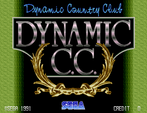 The title screen displays 'DYNAMIC C.C.' in large metallic silver lettering centered on a black background, flanked by ornate gold laurel wreaths and a decorative gold banner beneath. Blue cursive text reading 'Dynamic Country Club' appears at the top. The green grass-textured border frames the composition. SEGA branding appears in the lower left with '1991' and 'CREDIT 0' displayed in the bottom corners in standard arcade font.