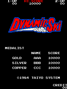 The title screen displays 'DYNAMIC SKI' in large red italicized lettering against a black background. Below is a 'MEDALIST' leaderboard table with three rows showing medal ranks (GOLD, SILVER, COPPER), player initials (AAA, BBB, CCC), and scores (all 10000). At the top left and right corners are score displays reading '1-UP' and '2-UP' with values of 10000. Copyright text '©1984 TAIYO SYSTEM' and 'CREDIT' appear at the bottom in white text. The overall visual style is characteristic of 1980s arcade games with pixelated fonts and a minimal color palette of red, white, and black.