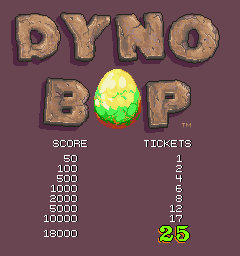 The title screen displays large gold pixelated letters spelling 'DYNO BOP' in the upper half against a dark purple background. A bright yellow-green egg with a crack pattern sits centered below the title. The left side lists score values ranging from 50 to 15000 points. The right side shows ticket amounts from 1 to 25. At the bottom right, a large green '25' appears in bright lime-colored text. The trademark symbol follows the game title.