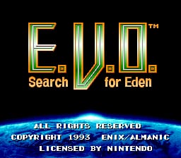 The title screen displays 'E.V.O.' in large yellow and green outlined letters centered on a black background, with 'search for Eden' in smaller orange text beneath. A curved blue planet surface with white clouds occupies the lower third of the screen. Copyright and licensing text appears at the bottom in white, reading 'ALL RIGHTS RESERVED COPYRIGHT 1993 ENIX/ALMANIC LICENSED BY NINTENDO' in a simple bitmap font. The overall color scheme uses high contrast with black, bright yellows, greens, orange, and cyan against a starfield background.