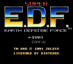 The title screen displays "SUPER E.D.F" in large blue and yellow pixelated letters centered on a black background, with "EARTH DEFENSE FORCE" written below in white text. A "START" prompt and "CONF18" counter appear in the lower-left corner. Copyright information reading "TM AND © 1991 JALECO LICENSED BY NINTENDO" is positioned at the bottom in white text. The sprite-based graphics use a limited NES-era color palette with horizontal striping effects on the title letters.