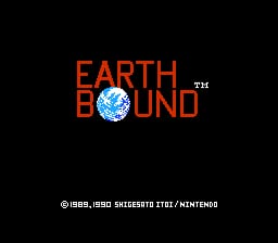 The title screen displays 'EARTH BOUND' in large orange pixelated lettering across the upper half, with a blue and white globe graphic positioned between the two words. Below the title, copyright text reads '© 1988, HARI DELICIOUS STAR / NINTENDO' in small white font against the black background. The overall composition uses a stark black background with orange and blue as the primary colors.