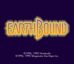 The EarthBound title logo dominates the center of the screen, rendered in large yellow and red pixelated letters with a glowing effect against a dark purple background. Below the logo, copyright text reads "©1994, 1995 Nintendo" and "©1994, 1995 Shigeyaku Ibe/Ape Inc." in small white font. The overall composition is vertically centered with minimal additional visual elements.