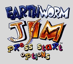 The title screen displays 'Earthworm Jim' in large blue and orange pixelated letters at the top, with a white outlined 3D effect. Below, 'Jed' appears in orange and yellow gradient lettering. The subtitle 'Psss Snsktt Opening' is rendered in smaller text with alternating green and purple coloring. The background is light gray, and the overall design uses a bold, comic-style font treatment typical of mid-1990s SNES title screens.