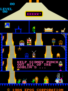 The title screen displays a multi-level castle structure with yellow and brown platforms across a black background. At the top sits a yellow fortress tower with red turrets containing the Eeekk! logo. Multiple horizontal floors below show pixel-art sprites including knights, skeletons, ghosts, and other enemies in blue, green, and orange colors. Text at the bottom reads "HELP SIDNEY PUNCH OUT OF THE GOBLINS" with a copyright notice. The score display shows "LEVEL 01" in cyan at the upper left. Blue flame and torch graphics accent the architecture, and pixel-art ornamentation decorates the structure's corners. All graphics use the limited color palette typical of early 1980s arcade games.