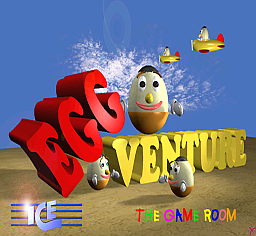 The title screen features a large red "EGG" logo on the left and yellow "VENTURE" text on the right, both rendered in bold 3D-style letters against a bright blue sky background. A cartoon egg character with a white shell and yellow face stands in the center-right, with a small yellow airplane visible in the upper right corner. The ground is rendered in tan and green tones at the bottom. The developer credit "The Game Room" appears in colorful pixelated letters at the bottom, alongside an arcade cabinet icon on the left.