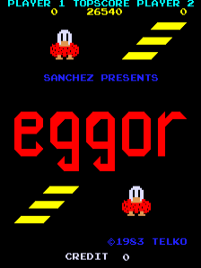 The title screen displays "EGGOR" in large red pixelated text centered on a black background. Two red-and-white mushroom-shaped enemies appear symmetrically—one in the upper left and one in the lower right. Yellow diagonal striped barriers span the upper right and lower left corners. At the top, cyan text shows "PLAYER 1" and "TOPSCORE" with "PLAYER 2" on the right showing "26340". Below the title, blue text reads "SANCHEZ PRESENTS". The bottom displays a copyright notice "©1993 TELKO" in cyan and white, with "CREDIT 0" in white text.