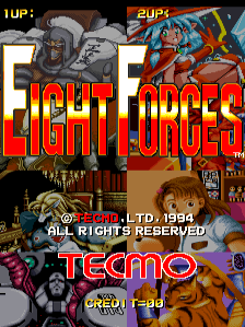 The title screen displays "FIGHT FORCES" in large red lettering across the center, with a 1-up indicator in the upper left and a 2-up indicator in the upper right. Four character portraits arranged in a 2x2 grid occupy the upper and lower halves of the screen: stylized pixel-art fighters with distinct martial arts appearances. A brown wooden interior setting is visible in the background. The Tecmo logo appears at the bottom in red text, along with "TDY 1994" and "ALL RIGHTS RESERVED" notices. The overall color palette features reds, browns, grays, and black against a dark background, typical of early 1990s arcade sprite graphics.