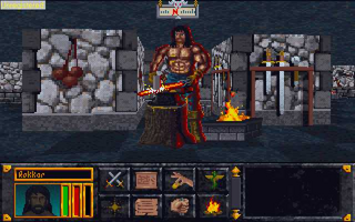 A character in red and gold armor stands centrally in a stone dungeon chamber with brick walls and wooden structures on either side. The character model is rendered as a pixelated sprite against a pre-rendered isometric background. A health bar and inventory panel occupy the lower portion of the screen, displaying colored status indicators and item slots in a dark interface. Fire and destruction effects surround the scene, with warm orange tones contrasting against gray stone architecture. The overall visual style employs low-resolution sprites and fixed camera perspective typical of early-1990s dungeon-crawling RPGs.