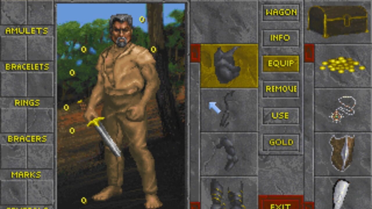 A shirtless male character with gray hair and a beard stands in a forest clearing, holding a sword with a glowing yellow aura. The left side displays inventory categories in yellow text: amulets, bracelets, rings, bracers, marks, and miscellaneous. The right side shows equipment slots and action buttons labeled wagon, info, equip, remove, use, gold, and exit. The character model is rendered in low-resolution 3D against a painted background of trees and sky. Yellow orbs float around the character's body.
