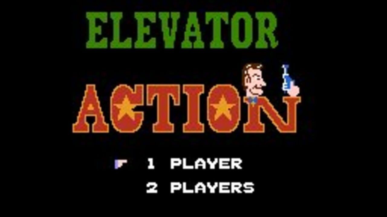 The Elevator Action title screen displays bright green text at the top with the game logo in red and orange letters below, featuring a cartoon spy character holding a gun positioned to the right of the text. Two menu options appear centered on the black background: '1 PLAYER' and '2 PLAYERS' in white pixelated text, with a small cursor indicator to the left of the first option.