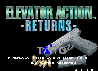 The title screen displays 'ELEVATOR ACTION -RETURNS' in large cyan metallic letters at the top center. Below the title sits a detailed grayscale handgun illustration pointing to the right, with a blue highlight on the trigger area. Copyright text for HCMXCIV TAITO CORPORATION JAPAN and ALL RIGHTS RESERVED appears in small font in the lower left, with CREDIT 9 shown in the lower right corner. The background is solid black.