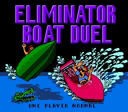 The title screen displays 'ELIMINATOR BOAT DUEL' in large purple pixelated letters at the top. Below are two speedboats rendered in bright colors—a green boat on the left and a magenta boat on the right—both creating white water spray effects as they speed across a blue water background. A green crocodile sprite appears in the lower left corner. The text 'ONE PLAYER NORMAL' is centered at the bottom in white lettering against the blue water.