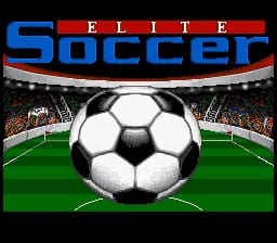 A soccer ball dominates the center of the screen, positioned on a green field with stadium bleachers visible in the background. The word 'ELITE' appears in red letters at the top, with 'SOCCER' displayed in large blue letters below it, forming the game's title. The stadium features visible crowd textures and a bright, pixelated art style typical of early 1990s SNES graphics. The field extends into the background with perspective lines, and the overall composition presents a frontal view of the pitch centered on the ball.