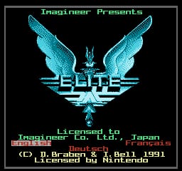 The title screen displays a cyan-colored eagle or bird emblem with spread wings at the center, positioned above the word 'ELITE' in angular, techno-style lettering. Below the logo, white text reads 'Licensed to' followed by publisher information. At the bottom, credits list developers Braben & Bell and copyright by Nintendo. The background is solid black with a thin gray border framing the entire screen. Text at the top indicates 'Imagineer Presents' with copyright information for Imagineer and Fujisankei Communications appearing in the middle section.