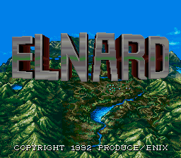 The title screen displays large wooden-textured letters spelling 'ELNARD' in brown and tan tones against a bright blue sky. Below the title, a lush green landscape with vegetation and a blue water body is visible. At the bottom, white copyright text reads 'COPYRIGHT 1992 PRODUCE ENIX' in a standard bitmap font. The overall aesthetic uses bright 16-bit SNES color palette with detailed parallax-style background layers.
