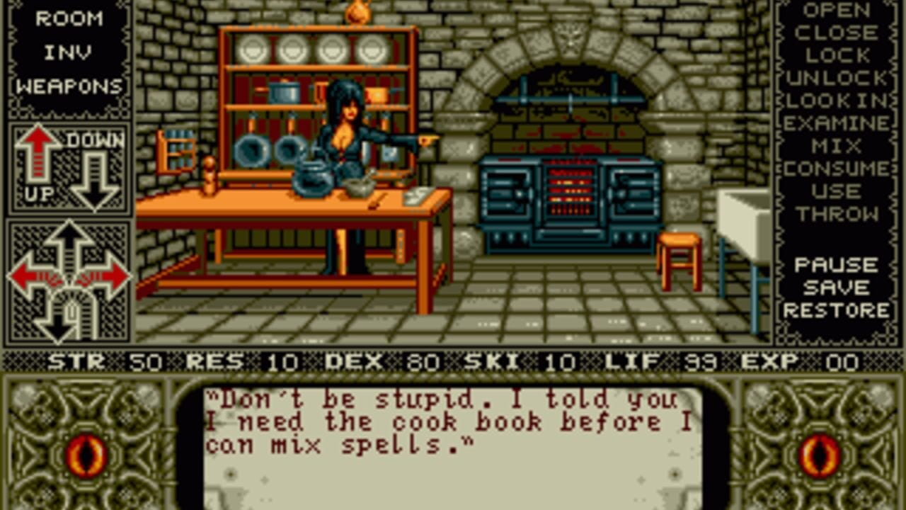 A dungeon interior displays a female character with dark hair standing behind an orange wooden workbench cluttered with alchemical equipment. Stone brick walls frame the scene, with a blue arcane apparatus mounted on the back wall and a small wooden stool in the foreground. The left panel shows directional controls and inventory options, while the right panel lists action commands. Character stats appear at the bottom center showing STR, RES, DEX, SKI, and LIF values. A dialogue box quotes dialogue about needing a cook book before mixing spells. The 16-bit pixel art uses warm orange and cool blue color accents against muted stone textures.