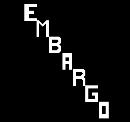 The title screen displays "EMBARGO" in white block letters arranged diagonally from upper left to lower right against a black background. The letters are stacked vertically in a descending staircase pattern, with each letter positioned lower and further right than the previous one, creating a cascading visual effect typical of early arcade title presentations.