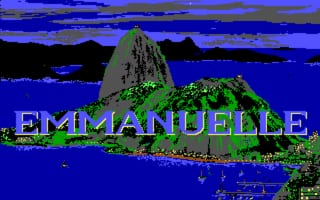 The title screen displays 'EMMANUELLE' in large blue text positioned over a rocky island landscape rendered in green and brown tones. The island formation is centered against a bright blue ocean background with a darker blue sky above. The graphics use limited color palette typical of early DOS games, with visible pixelation characteristic of 1989 computer graphics. A small UI element or menu option appears at the bottom of the screen.