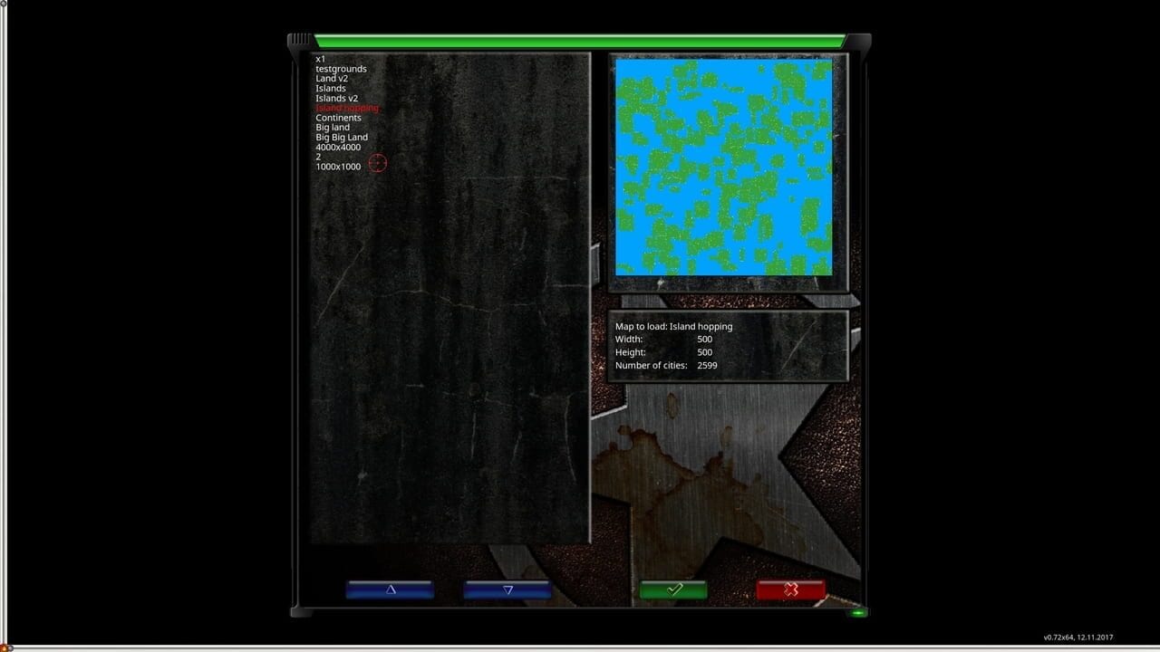 A DOS-era strategy game interface displays a world map editor or scenario loader. The upper right shows a 500x500 pixel procedurally generated map with blue water and green landmasses containing 2599 cities. The left panel lists map options including testgrounds, land variants, islands, and continents. Below the map preview, text confirms the map to load is 'Island hopping' with specified dimensions and city count. The interface features blue and red button controls at the bottom in a dark, textured window frame with the game running at 1000x1000 resolution.