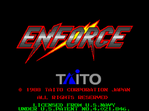 The title screen displays the word "ENFORCE" in large red and yellow metallic letters with diagonal lightning bolts streaking through it against a black background. Below the title, the TAITO logo appears in blue and red. Copyright text reads "© 1988 TAITO CORPORATION JAPAN" in red, followed by "ALL RIGHTS RESERVED" in green. At the bottom, green text states "UNABLE TO FIND PCB BOARD ROM CARD," indicating a hardware or emulation error message on the display.