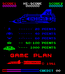 The title screen displays a blue maze with a red and white spaceship sprite at the top center. Below the maze, text reads "GAME PLAN" and "ENIGMA 2" in red. A scoring legend appears on the left side showing point values for different targets: 20 points, 40 points, and 50-100 points, each with corresponding colored dash indicators. The top of the screen shows three score displays reading "SCORE1 000000", "HI-SCORE 000000", and "SCORE2" in red and blue text. "CREDIT 00" appears in cyan at the bottom right. The background is black with blue and red pixel-based graphics throughout.