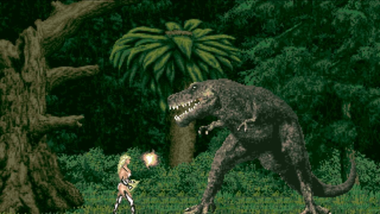 A small pixelated human character stands in a jungle environment confronting a large dark dinosaur with visible teeth and a raised head. Dense green foliage fills the background, with a gnarled tree trunk on the left and yellow-tinted vegetation visible behind the character. The dinosaur is rendered in grayscale tones and dominates the right side of the screen, while the player character appears to be armed and positioned in a combat stance.