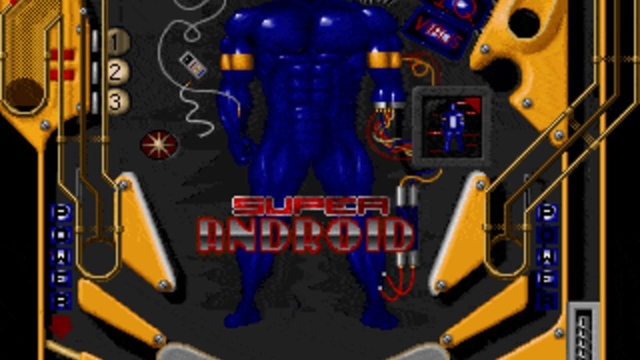 A pinball table themed around a blue android character dominates the center of the screen. Yellow bumpers and flippers frame the dark playfield, with circuit-board-like patterns visible in the background. The red "SUPER ANDROID" title text spans the lower-middle portion. On the left side, numbered lanes 1-3 are marked, and a small radar or map display appears in a gray box on the right. Score displays run vertically along both edges in blue text. The overall color palette uses deep blues, bright yellows, reds, and blacks typical of early 1990s DOS-era pinball graphics.