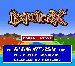 The title screen displays a large golden 'Equinox' logo at the top against a blue sky background with mountain peaks in purple and brown tones. Below the title are two red buttons labeled 'PRESS START' in white text. A blue information bar spans the bottom third, containing copyright text reading '(C) 1993 SONY MUSIC ENTERTAINMENT (COMPANY) INC.' with 'ALL RIGHTS RESERVED' and 'LICENSED BY NINTENDO' displayed in white pixelated text.