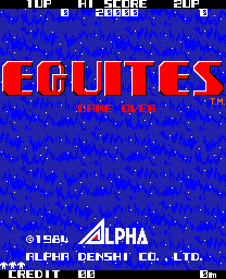 The Equites title screen displays large red block letters spelling the game title against a solid blue background filled with small white dots creating a starfield pattern. At the top, white text reads "TOP" and "HI-SCORE" with score values. The Alpha Denshi Co. logo and developer credit appear at the bottom in white text, along with a "CREDIT" counter showing 98. The overall composition uses a classic arcade color scheme of primary colors on a simple patterned background typical of early 1980s arcade title screens.