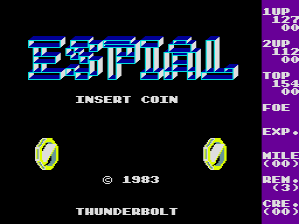 A title screen displays the Espial logo in blue pixelated text at the top center. Below it reads 'INSERT COIN' in white text, with a copyright notice for 1983. Two yellow oval-shaped objects with black pupils flank the center. The developer credits 'THUNDERBOLT' appear at the bottom. On the right side, a purple vertical menu bar shows game status information including UP, 2UP, TOP, 60, EXE, EXP, MUL, BES, CB, and other abbreviated text in cyan lettering against the dark background.