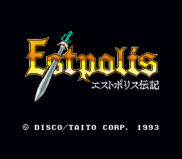 The title screen displays 'Estpolis' in large golden letters with a blue sword graphic positioned above the text. Japanese characters appear below the English title. A copyright notice reading '© DISCO/TAITO CORP. 1993' is centered at the bottom in white text against a black background. The overall design uses a dark color palette with yellow and blue accent colors for the title and sword imagery.