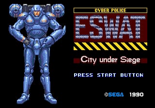 A tall blue armored cyborg figure stands centered against a black background, displaying broad shoulders and muscular proportions in pixel art style. To the right, red blocky text reads 'ESWAT' with yellow and black diagonal stripe hazard markings below. White text states 'City under Siege' and 'PRESS START BUTTON'. A yellow Sega Police header bar appears at the top, with the Sega and 1990 copyright marks displayed in the lower left corner.