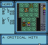 The screen displays a dungeon-crawler interface with a green-tiled center area containing character sprites and enemies. The left side shows a status panel with player information and stats in blue text. The right edge features a vertical control panel with blue buttons. At the bottom, a light blue message bar reads 'A CRITICAL HIT!' in dark text. The overall aesthetic uses low-resolution pixel art with a limited color palette of greens, blues, and earth tones typical of Neo Geo Pocket Color hardware.