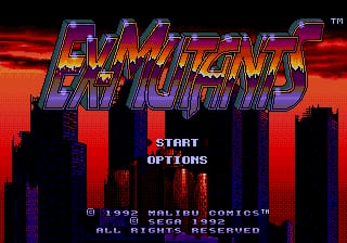 The title screen displays 'EX-MUTANTS' in large purple and magenta pixelated letters against a red-orange gradient background with black vertical bar silhouettes. Below the title, white text shows 'START' and 'OPTIONS' menu choices. A copyright notice at the bottom reads '© 1992 MALIBU COMICS™' and 'SEGA GENESIS.' The overall color scheme emphasizes reds, oranges, and purples with a pixel art aesthetic typical of early 1990s Sega Genesis games.