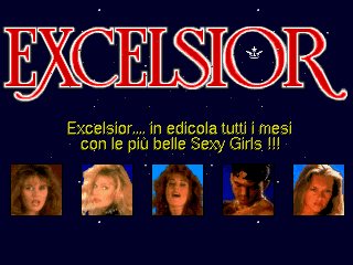 The Excelsior title logo appears centered at the top in large red letters with an ornate design. Below it, yellow text reads "Excelsior..., in edicola tutti i mesi con le più belle Sexy Girls III". Five photographs of women's faces are displayed in a row across the bottom half of the screen against a dark blue starfield background. The overall layout uses a dark navy background with bright red and yellow text elements.