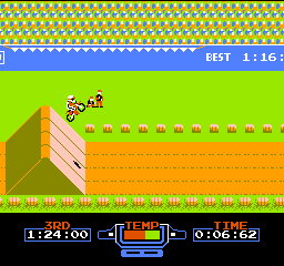 A motocross bike sits on the left side of a desert landscape with layered terrain in orange, yellow, and green. The track stretches horizontally across the screen with repeating dirt pattern tiles. A yellow sky with checkerboard pattern fills the top, and blue UI bars frame the screen. The timer reads 1:24:00 on the left and 0:06:62 on the right, with "BEST" and "1:16" displayed in the center top. The bike sprite appears small against the large, blocky level geometry rendered in low-resolution pixels typical of NES graphics.