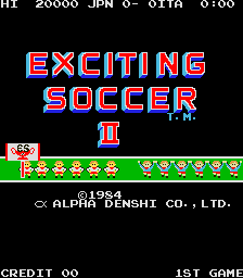 The title screen displays "EXCITING SOCCER II" in large red and blue pixelated letters centered on a black background. Below the title, a small green player sprite stands on a green grass line decorated with repeated yellow coin or dot patterns. The top of the screen shows arcade hardware information including coin count and game mode. At the bottom, copyright text reads "© 1984 ALPHA DENSHI CO., LTD." with "CREDIT 00" and "1ST GAME" status indicators flanking the copyright line. The entire interface uses a simple 8-bit color palette typical of 1984 arcade graphics.