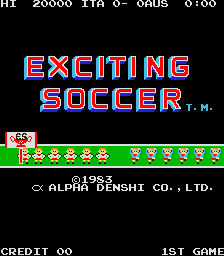 The title screen displays 'EXCITING SOCCER' in large red and blue block letters at center, with a 3D perspective effect. Below the title sits a row of green grass with repeated yellow flower sprites. The top of the screen shows arcade credit information and coin status. Copyright text for Alpha Denshi Co., Ltd. and the year 1983 appears at the bottom, along with 'CREDIT 00' on the left and '1ST GAME' on the right. The background is solid black, typical of early 1980s arcade game aesthetics.