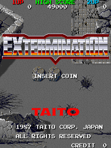 The arcade title screen for Extermination displays a large red banner with white rectangular buttons arranged horizontally across the center, resembling a control panel or weapon selection interface. Red text reading "INSERT COIN" appears below the banner, with "EXTERMINATION" in large red letters beneath that. Score information in red and green text occupies the top corners showing "1UP", "HI", and "2UP" with numerical values. Gray pixelated scenery with structures and vegetation fills the background. Copyright text at the bottom reads "1987 TAITO CORP. JAPAN" and "ALL RIGHTS RESERVED" with "CREDIT 00" displayed.