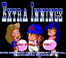 The title screen displays "EXTRA INNINGS" in large blue pixelated letters at the top. Below are three chibi-style baseball player characters with round heads and simplified features, each wearing different colored uniforms and caps in shades of orange, blue, and purple. Text reading "ISM", "SKILL", and "TONE" appears beneath each character respectively. At the bottom, white text shows the copyright notice "©1991 SONY MUSIC ENTERTAINMENT/JINC Inc." and "Licensed by Nintendo." The background is solid black, and the overall aesthetic uses a limited 16-bit color palette typical of early SNES games.