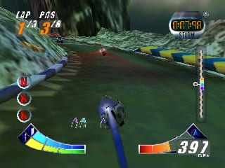 A futuristic motorcyclist rides a blue hoverbike on a track with green and blue barriers along a forested waterside path. The HUD displays lap information in the upper left (1/4 laps), a speed meter reading 397 on the right, and colored circular power-up indicators on the left side. A rainbow-gradient speed or boost bar spans the lower left. The 3D-rendered environment shows water, trees, and track geometry with relatively flat shading typical of N64-era graphics. The camera follows the rider from behind, showing the track curving ahead.